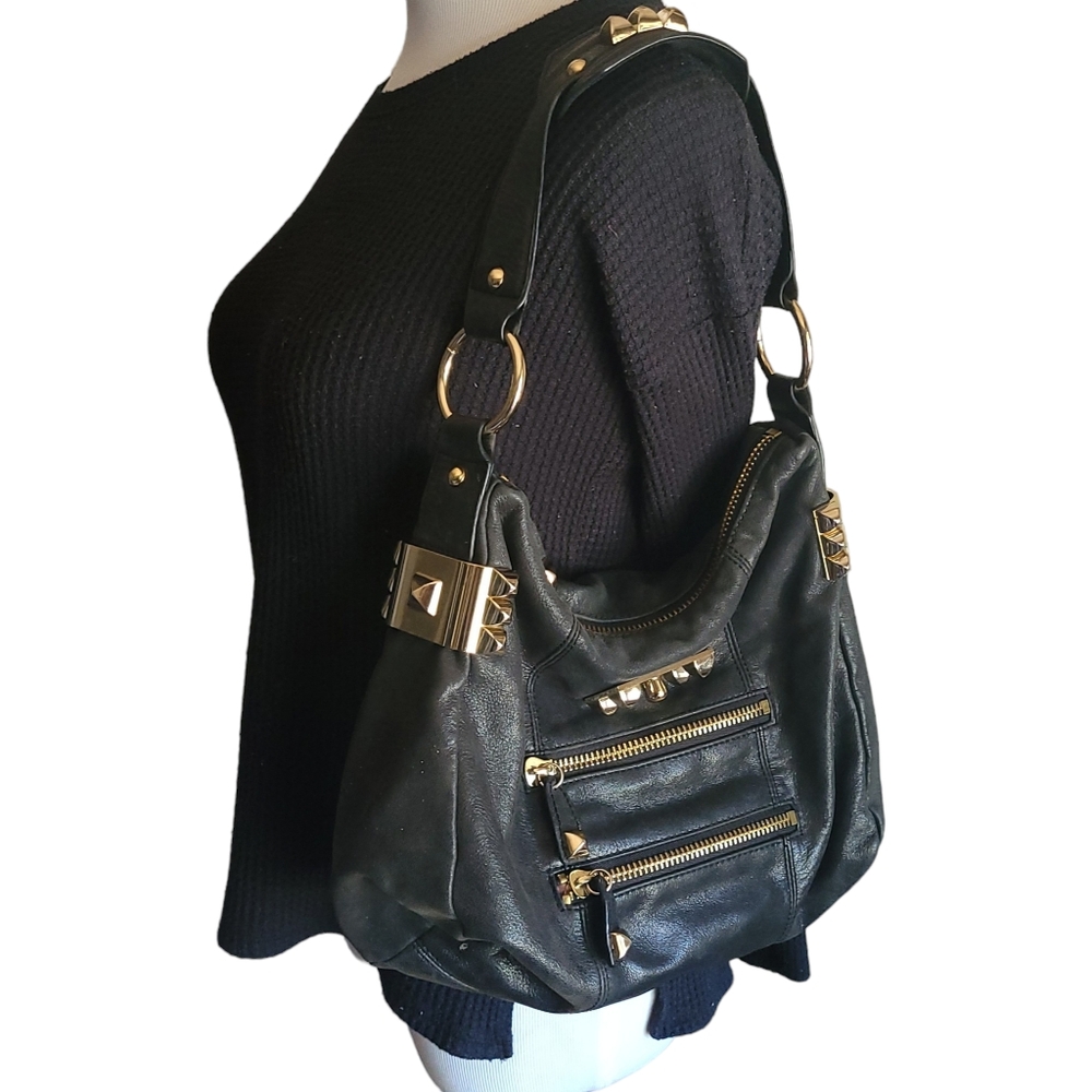 Vintage Leather Betsey Johnson Bag Black Studeded with lots of Zippers